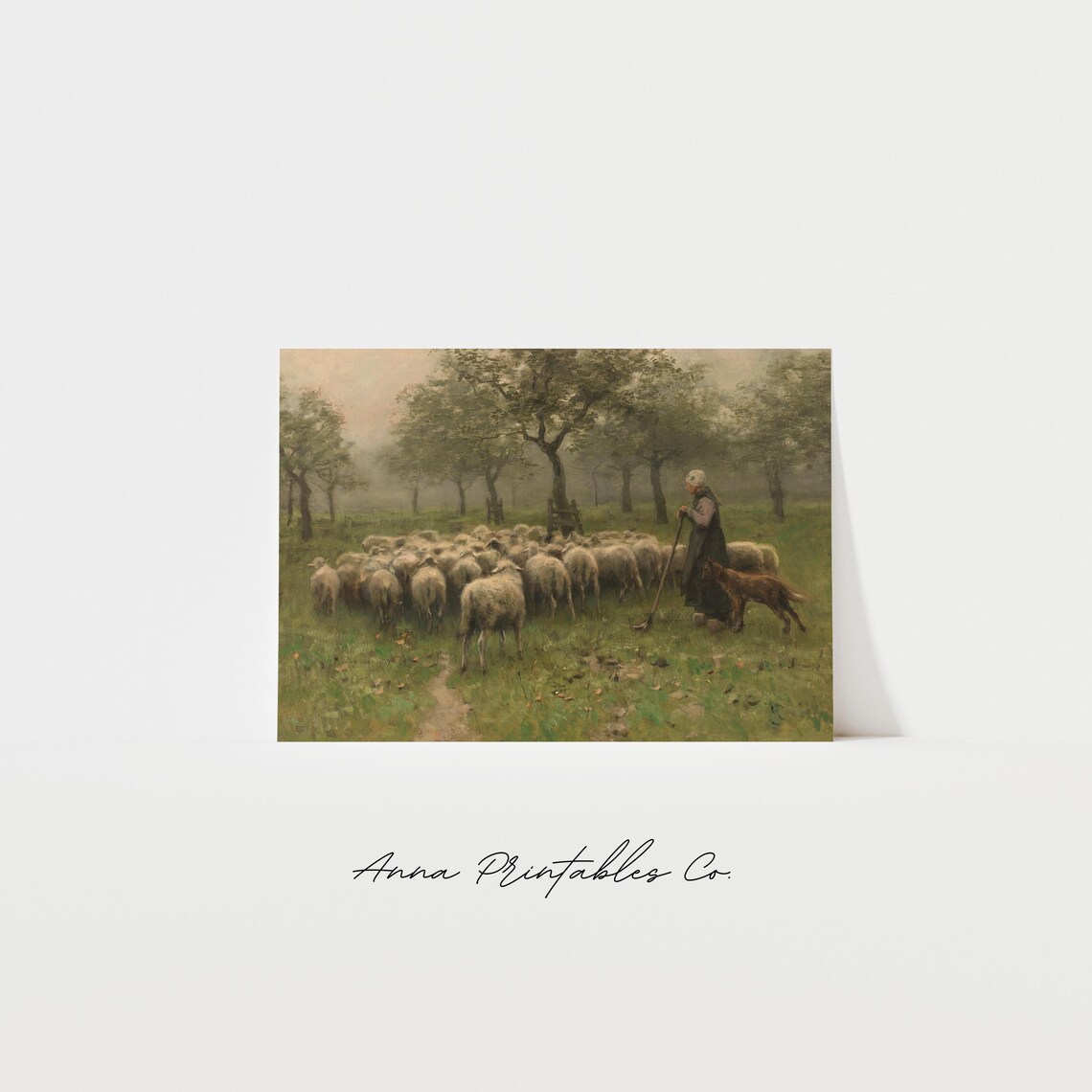 Shepherdess and Her Flock of Sheep, Vintage Pastoral Art Print