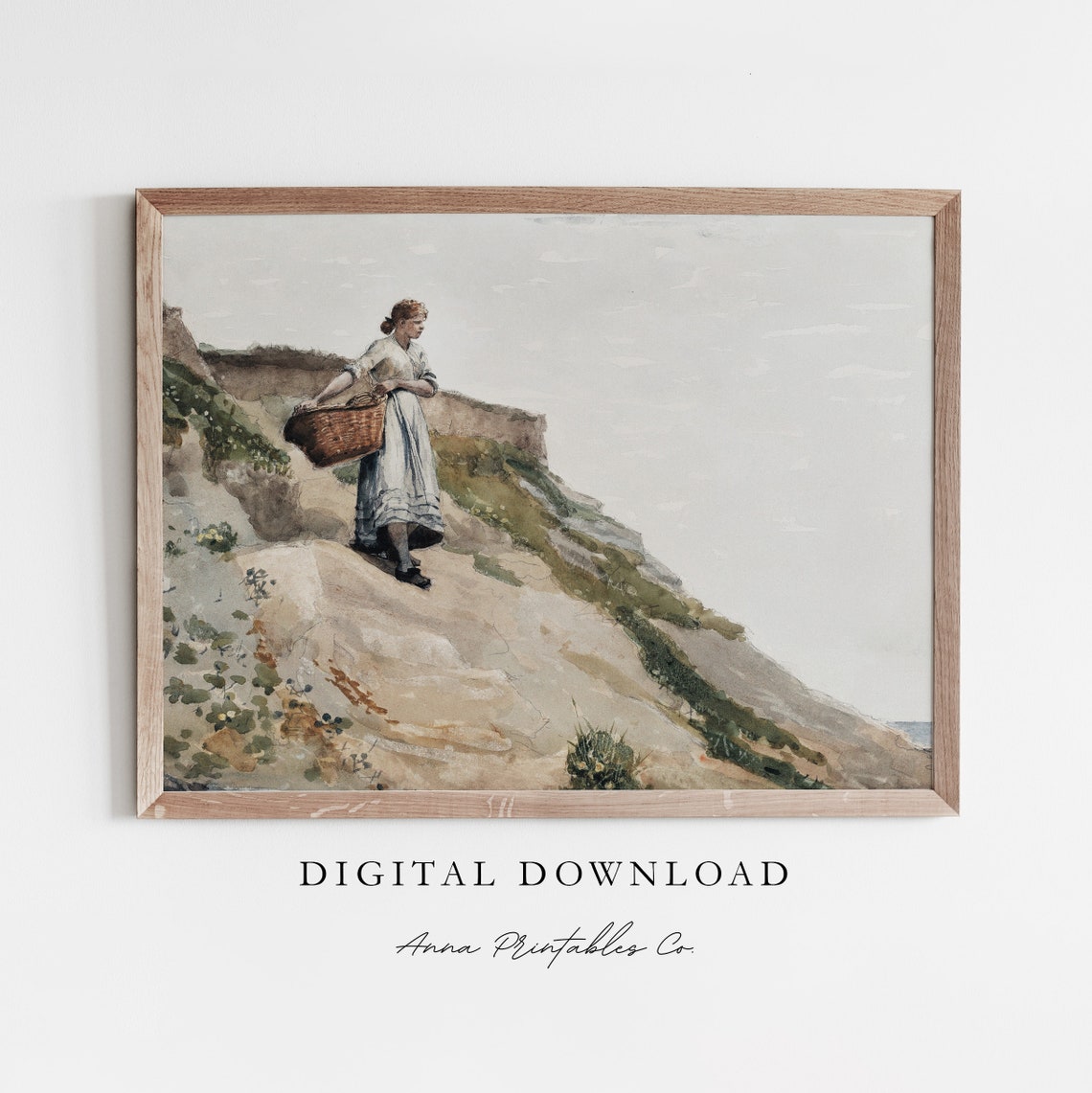 Girl With A Basket Antique Painting Of A Young Woman On The Coast Vintage Landscape Painting For Farmhouse Decor Print