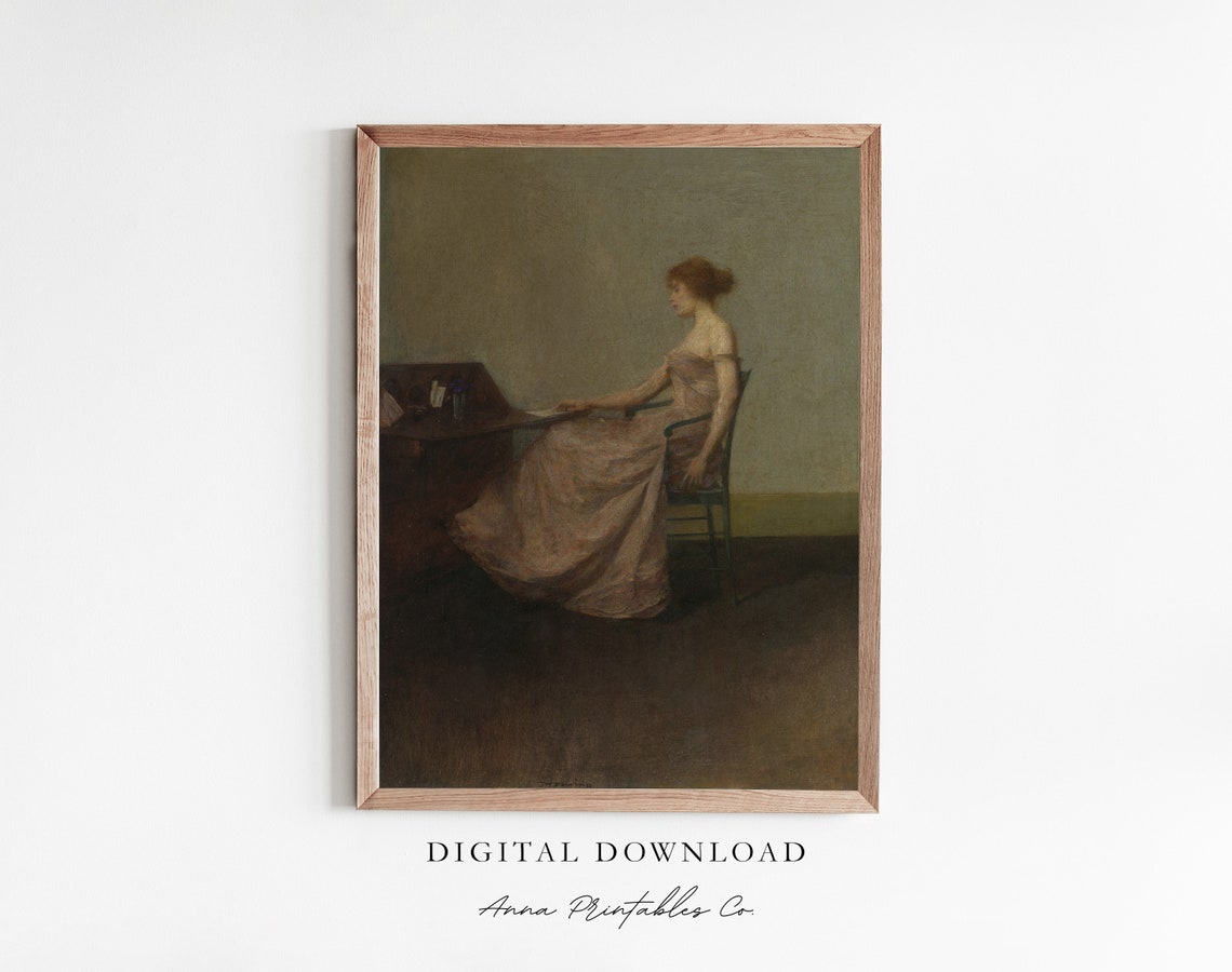 Victorian Woman Sitting At A Desk Vintage Painting Antique Oil Painting Wall Art Dark Vintage Aesthetic Decor