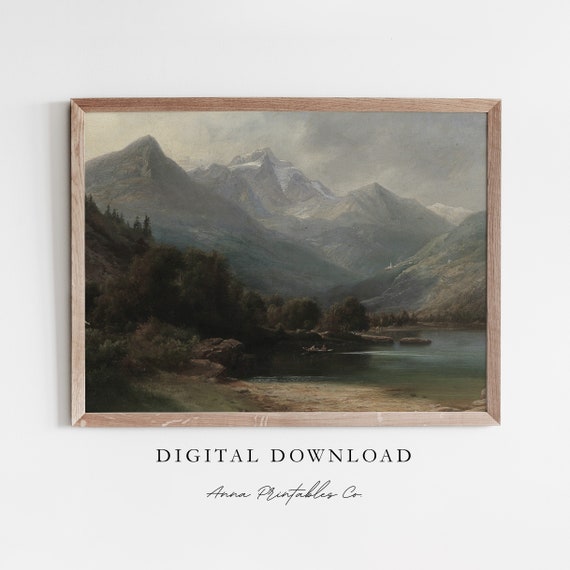 Lake In The Mountains Antique Moody Landscape Painting For Vintage Rustic Wall Art Farmhouse Decor Print