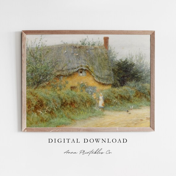 Overgrown Thatched Cottage Antique Watercolor English Countryside Print
