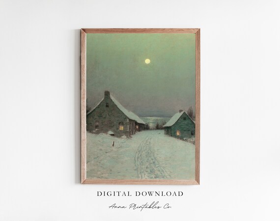 Moonlit Snowy Village Under a Full Moon Vintage Winter Landscape Poster