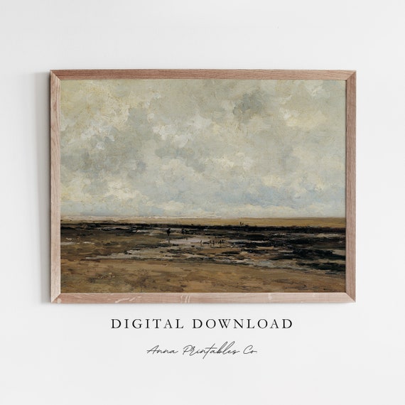 Cloudy Day At The Beach Vintage Oil Painting For Moody Seascape Wall Art Antique Coastal Wall Decor