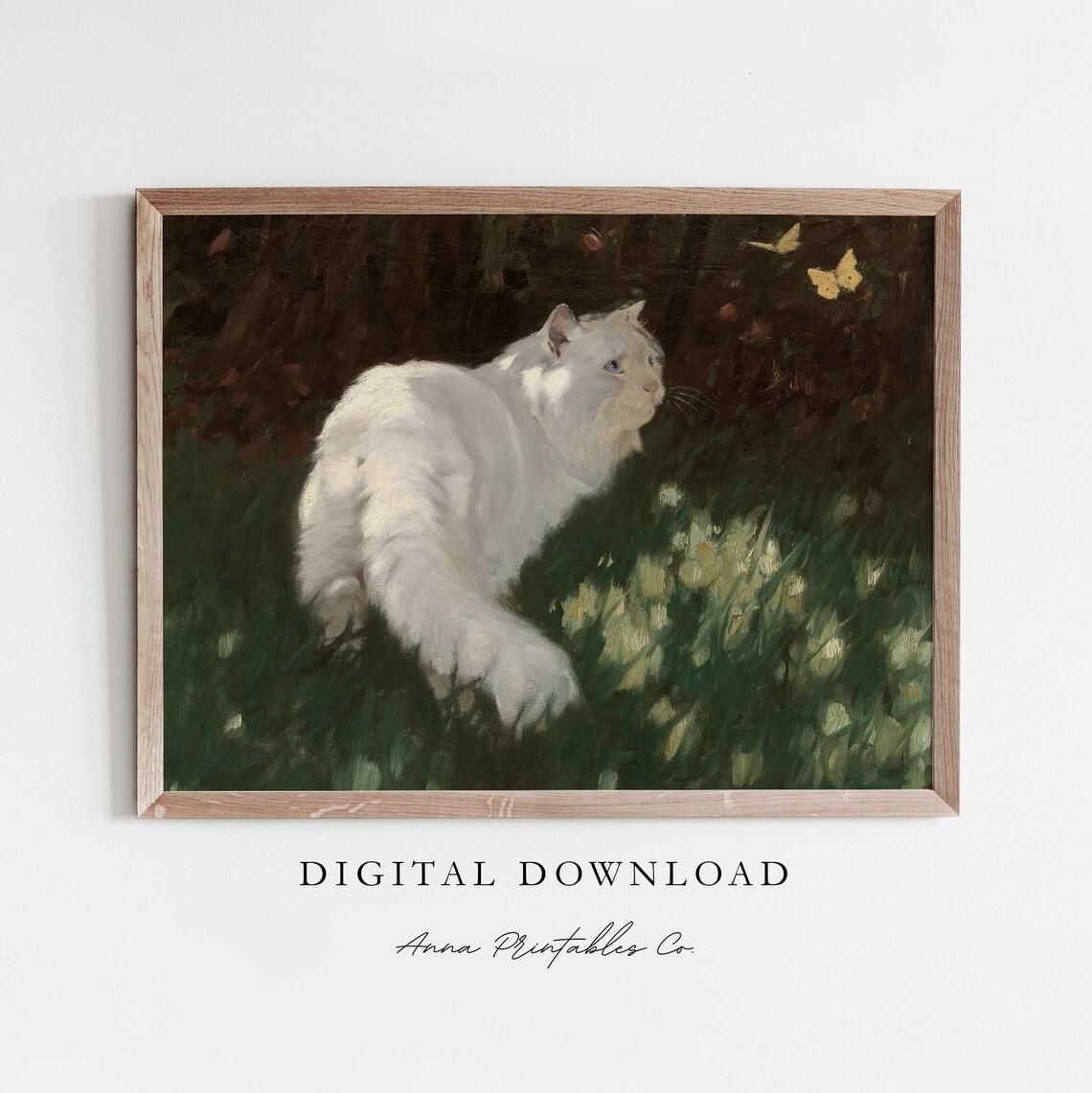 Butterfly Chase Vintage Cat Painting Art Print