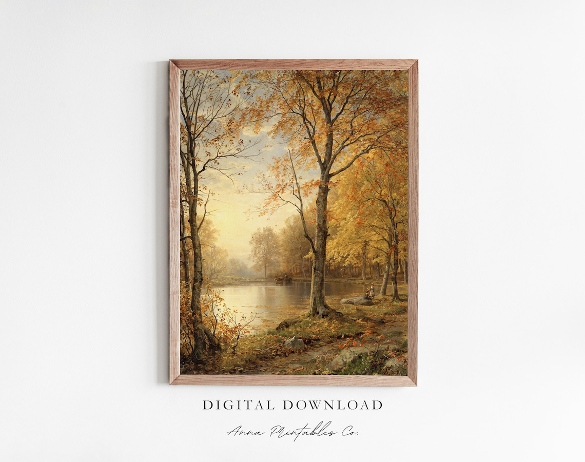 Golden Autumn Forest Lake Sunlit Trees Vintage Landscape Poster
