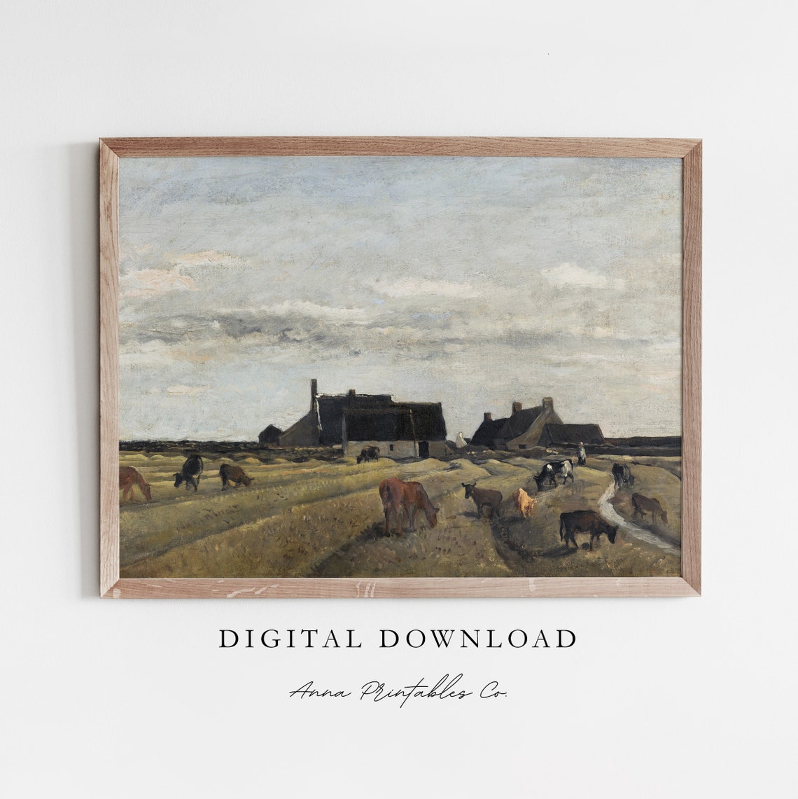 Farmhouse Cows Grazing Pasture Rustic Vintage Painting Poster