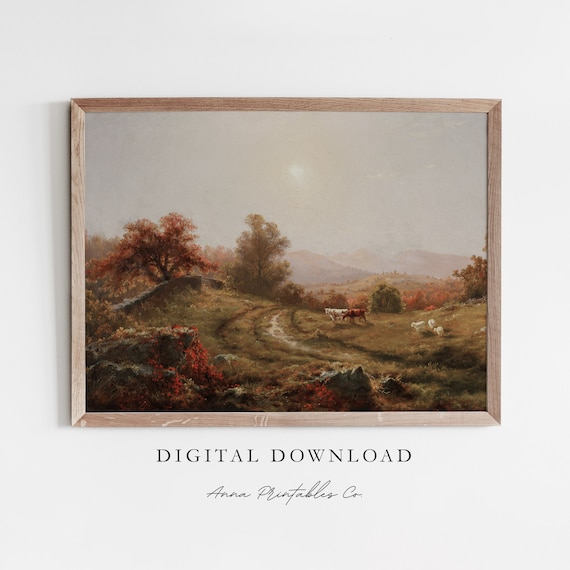 Grazing Cattle Autumn Field Vintage Pastoral Landscape Antique Painting Poster