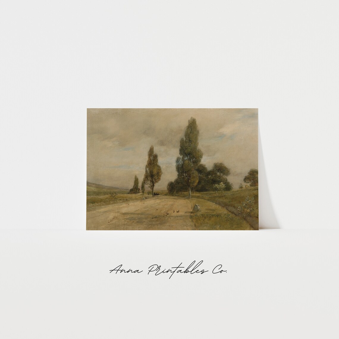 Vintage Poplar Lined Country Road with Birds Muted Landscape Poster
