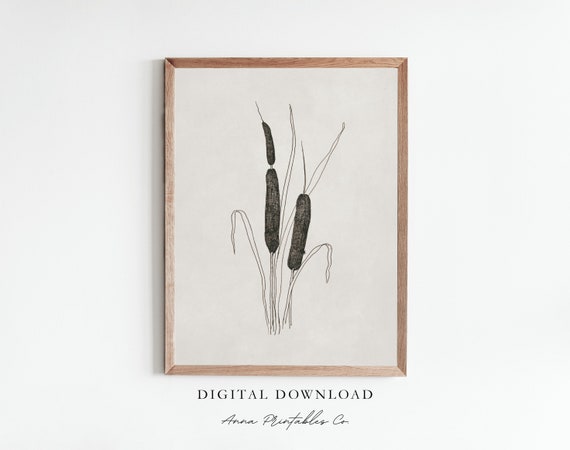 Cattails Antique Plant Sketch Print For Vintage Minimalist Wall Art Cottage Farmhouse Fine Art Print Decor