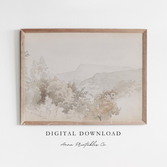 Sepia Forest Hills Pencil Sketch Minimal Vintage Landscape Poster
