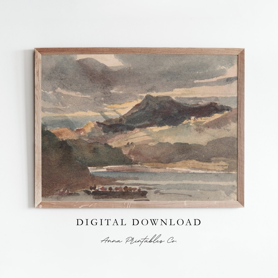 Mountain Lake Antique Moody Watercolor Landscape Painting Poster