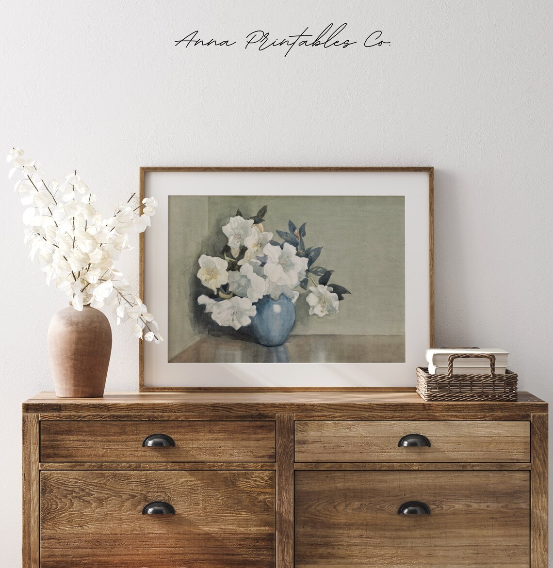White Azaleas in Blue Vase Watercolor Floral Painting Poster - Image 2