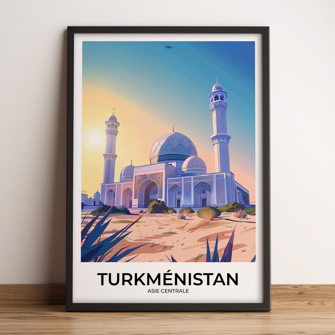 Turkmenistan Central Asia Blue Dome Mosque Desert Travel Poster