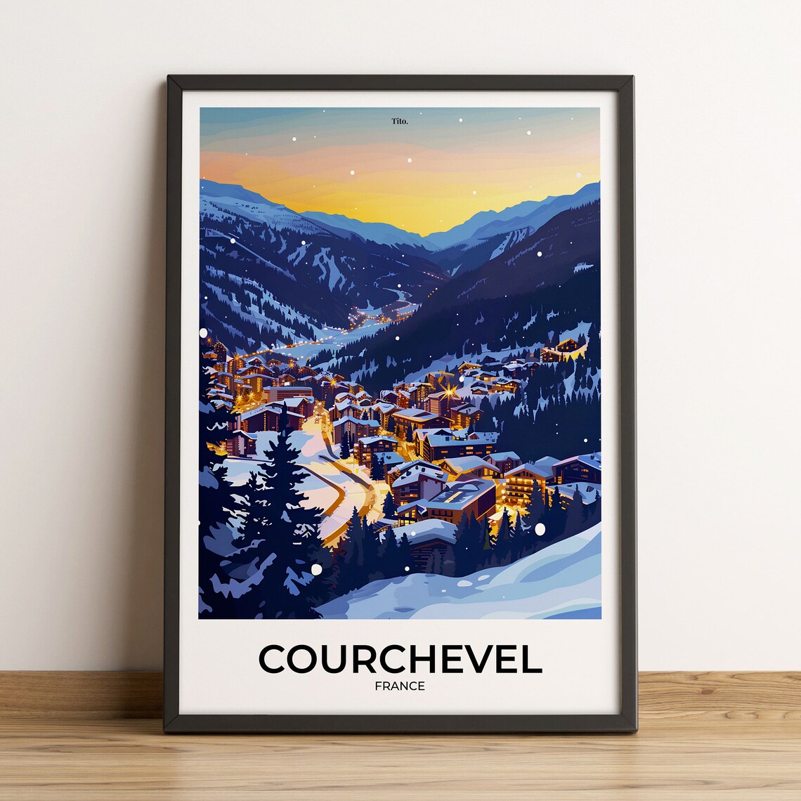 Courchevel France Alpine Ski Resort Village Dusk Snow Travel Poster