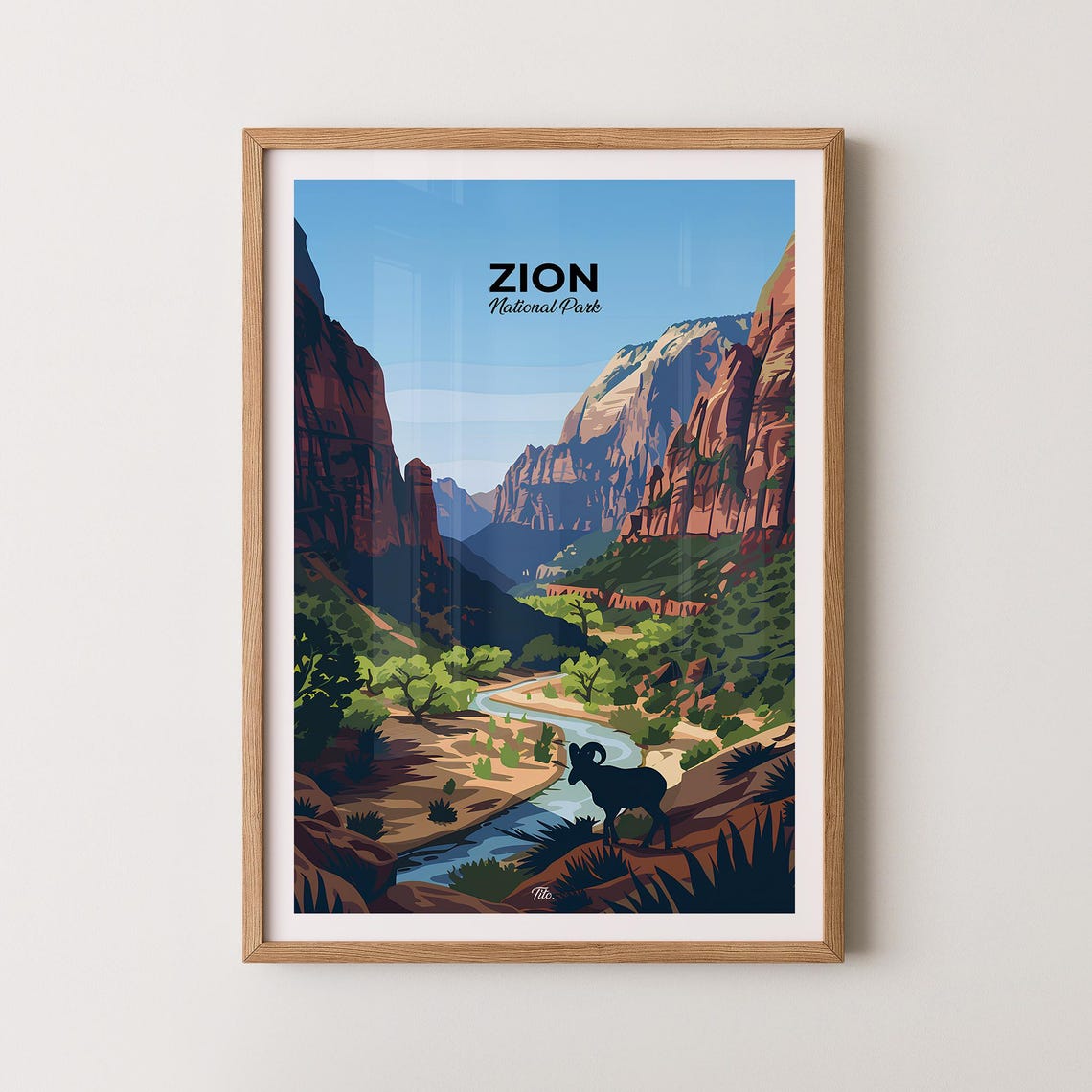 Zion National Park Red Rock Canyon River Sheep Travel Poster
