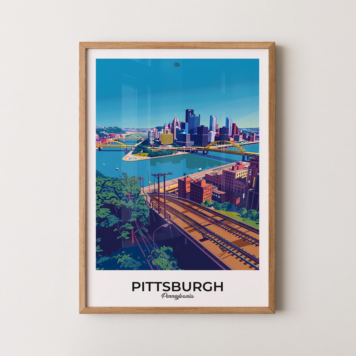 Pittsburgh Pennsylvania Golden Bridges River Panorama Travel Poster