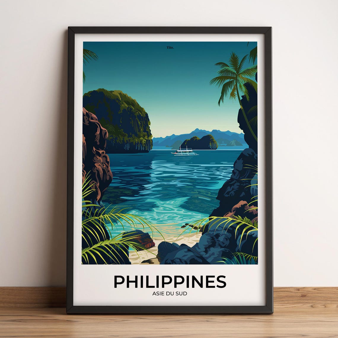 Philippines Tropical Lagoon Limestone Cliffs Boat Island Travel Poster