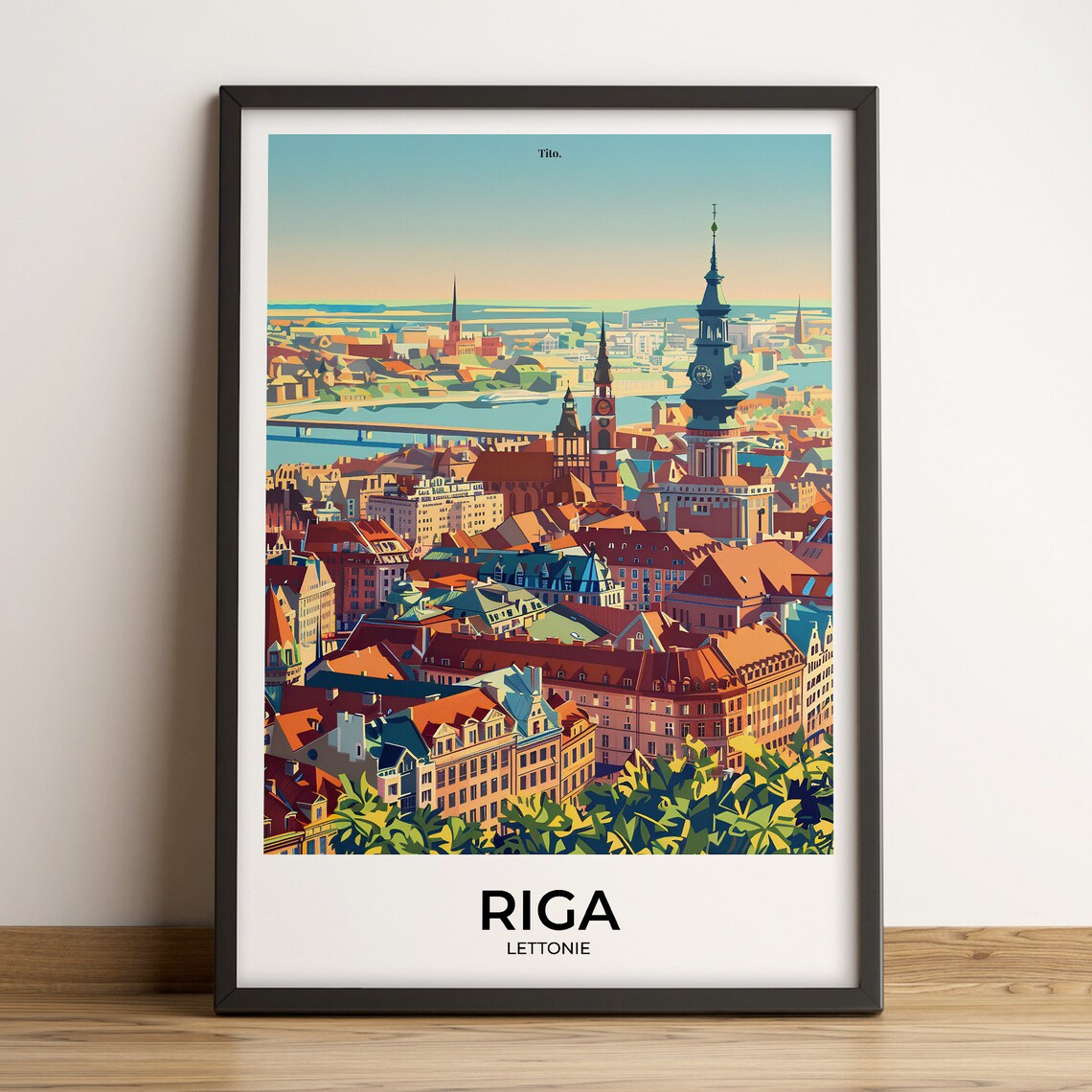Riga Latvia Old Town Towers River Aerial Cityscape Travel Poster