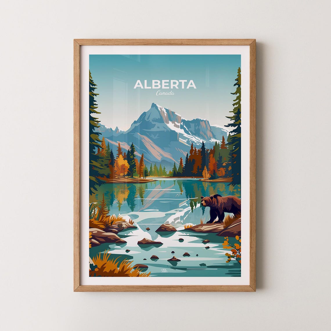 Alberta Canada Rocky Mountain Lake Bear Autumn Pines Travel Poster