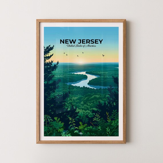 New Jersey Sunrise Over Winding Forest River Valley Travel Poster