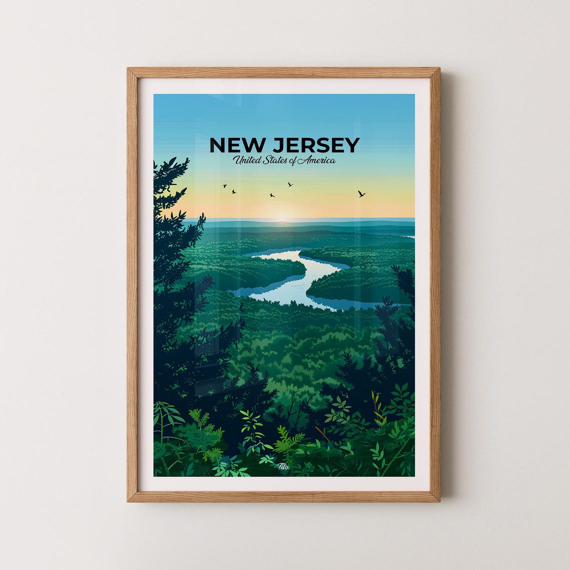 New Jersey Sunrise Over Winding Forest River Valley Travel Poster