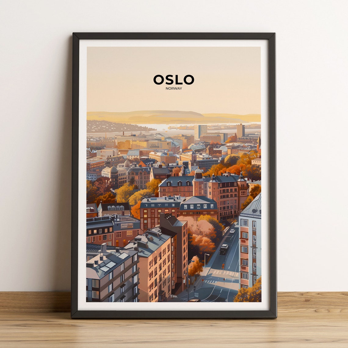 Oslo Norway Golden Sunset Over Rooftops and Harbor Travel Poster