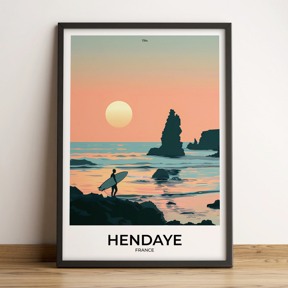 Hendaye France Sunset Surfer Silhouette Rocky Shoreline Travel Poster