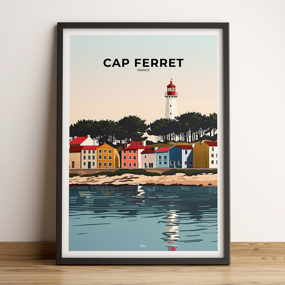 Cap Ferret France Travel Poster Lighthouse Colorful Harbor Houses