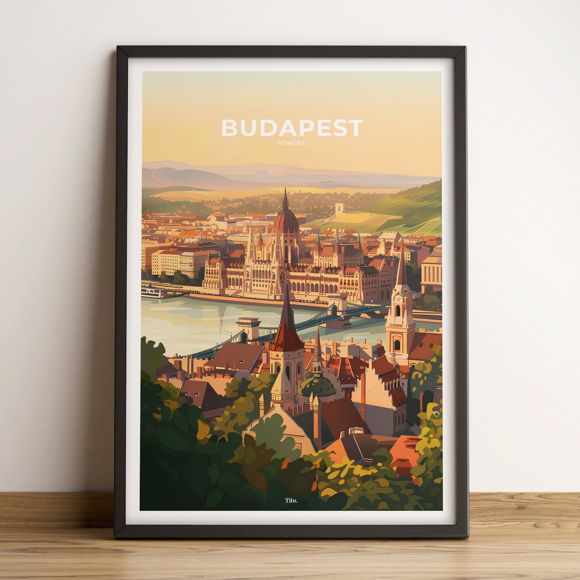 Budapest Hungary Riverfront Churches Old Bridge Retro Travel Poster