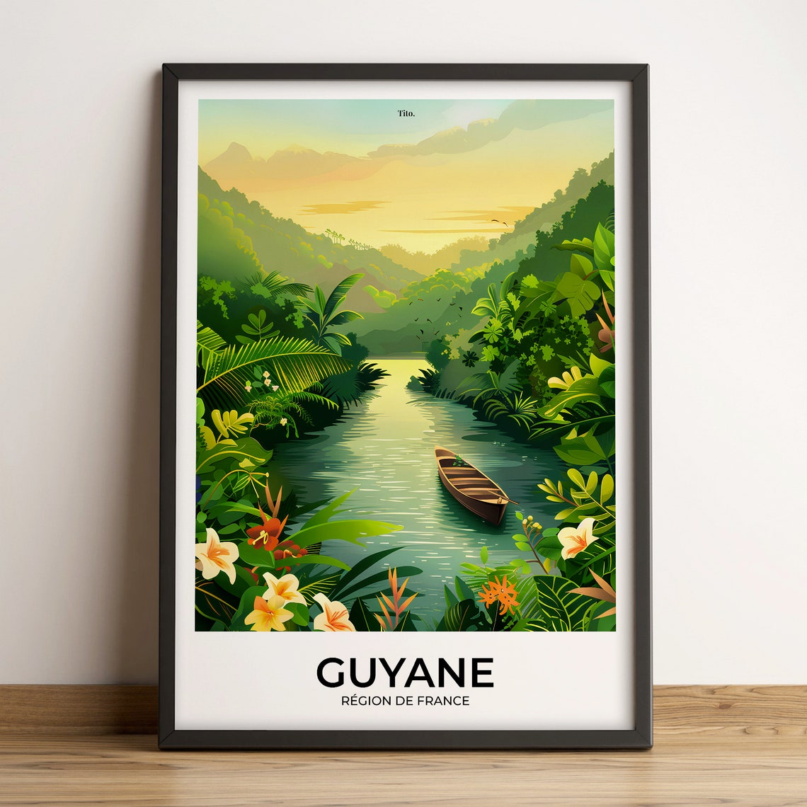 French Guiana Amazon River Jungle Boat Sunrise Travel Poster