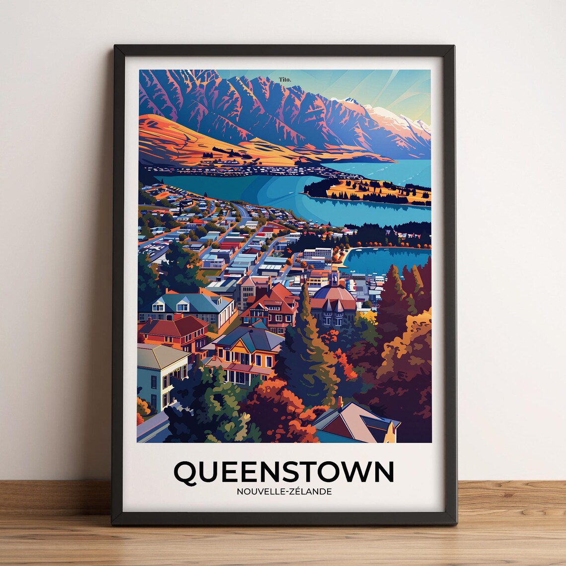 Queenstown New Zealand Alpine Lake Mountain Town Travel Poster