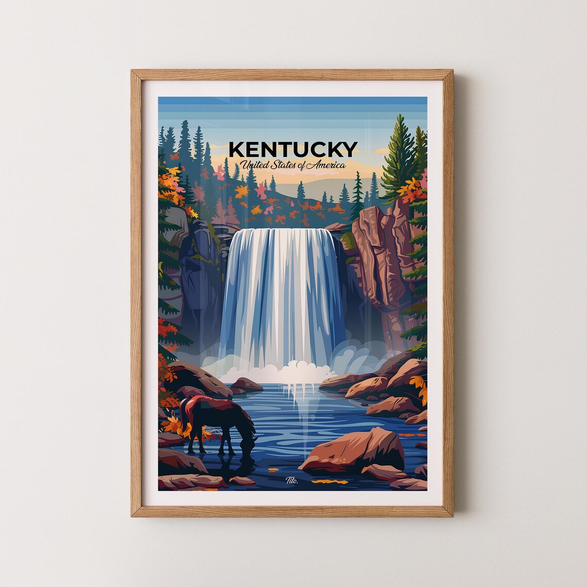 Kentucky Autumn Waterfall Horse Forest Retro Art Travel Poster