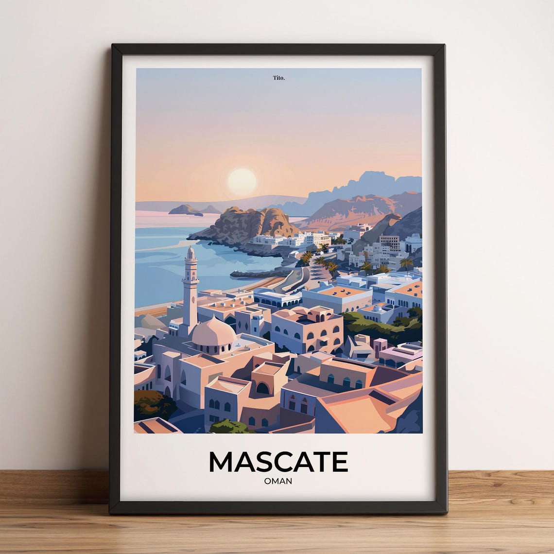 Muscat Oman Harbor Mosque Sunset Retro Arabian Coast Travel Poster
