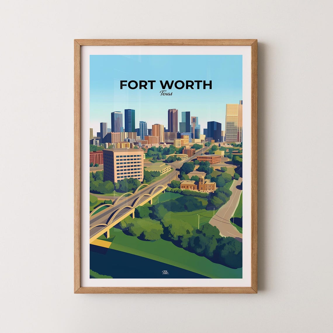 Fort Worth Texas Sunny Downtown Skyline Arched Bridge Travel Poster