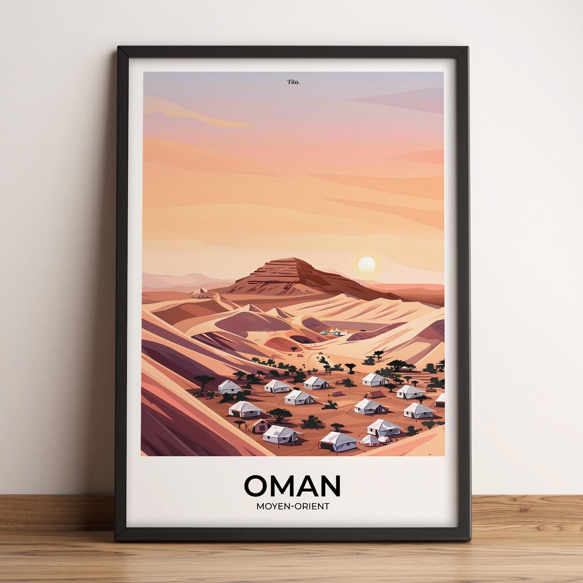 Oman Desert Dunes Bedouin Camp Sunset Retro Arabia Travel Poster