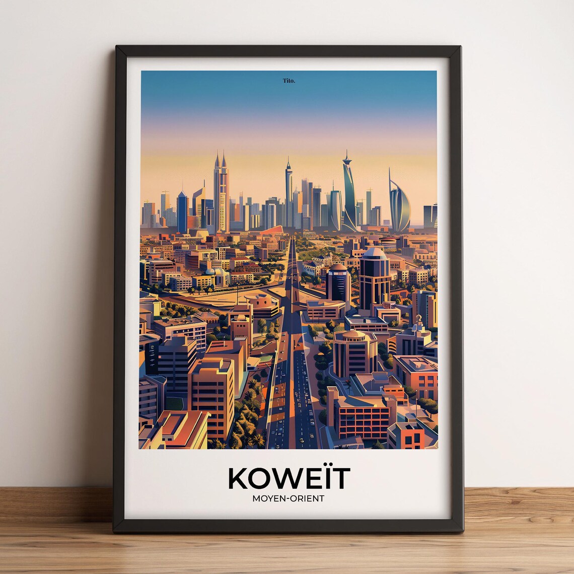 Kuwait City Modern Skyline Sunset Retro Middle East Travel Poster
