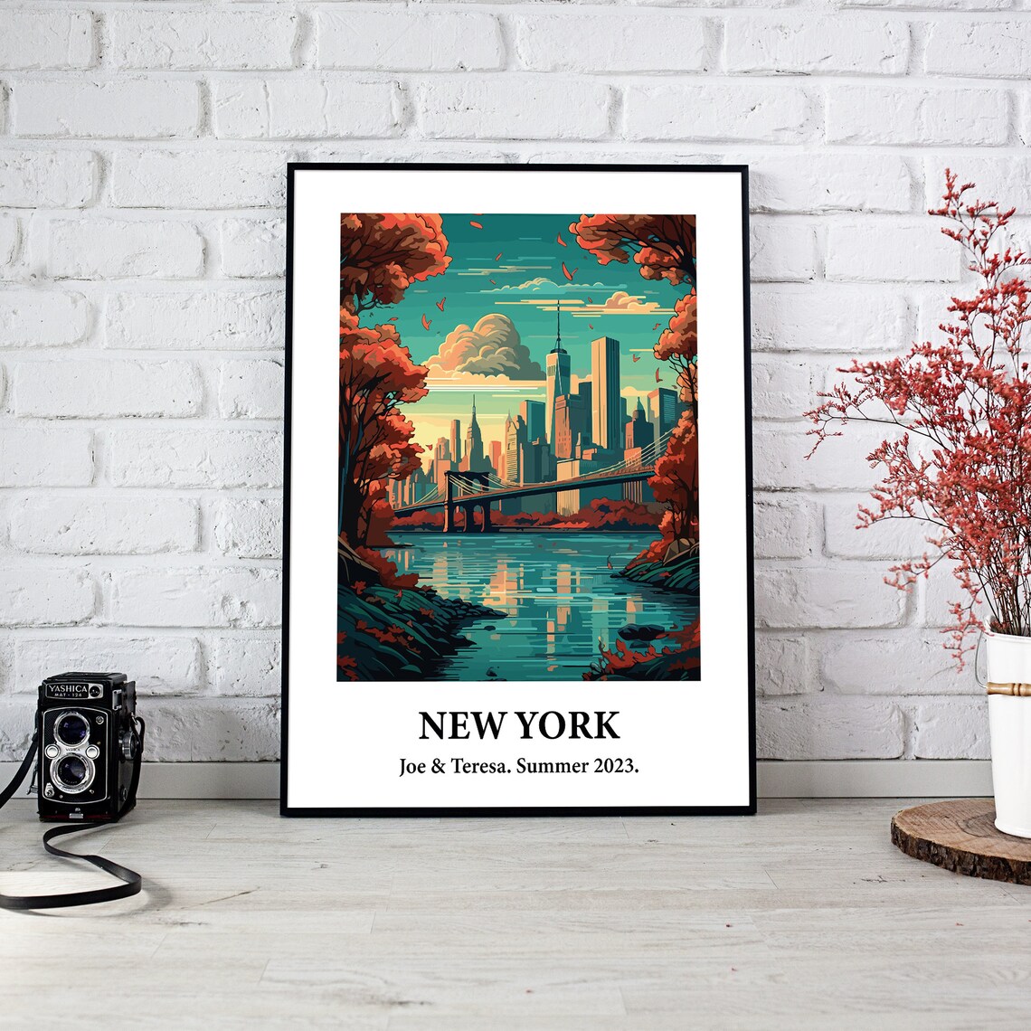 New York City Skyline Bridge Autumn Vintage Style Travel Art Poster - Image 2