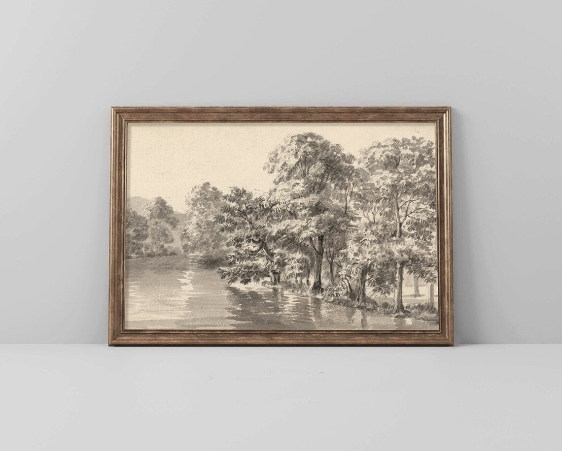 Sepia Trees By The Lake Vintage Pencil Sketch Nature Art Poster - Image 4
