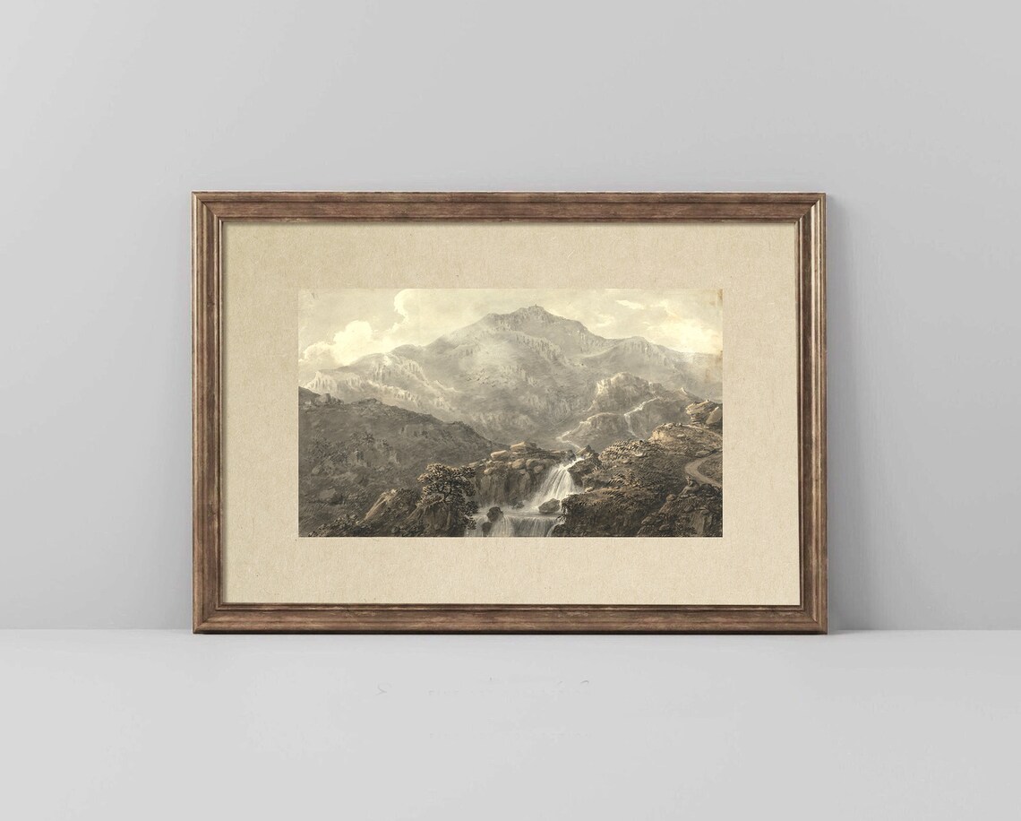 Sepia Mountain Waterfall Scene on Aged Paper Vintage Art Poster - Image 4