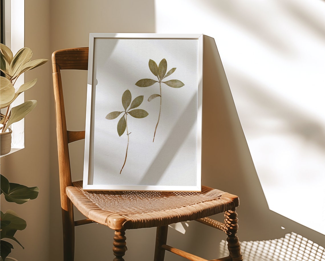 Pressed Dried Green Leaves Two Stems Minimalist Botanical Poster - Image 2