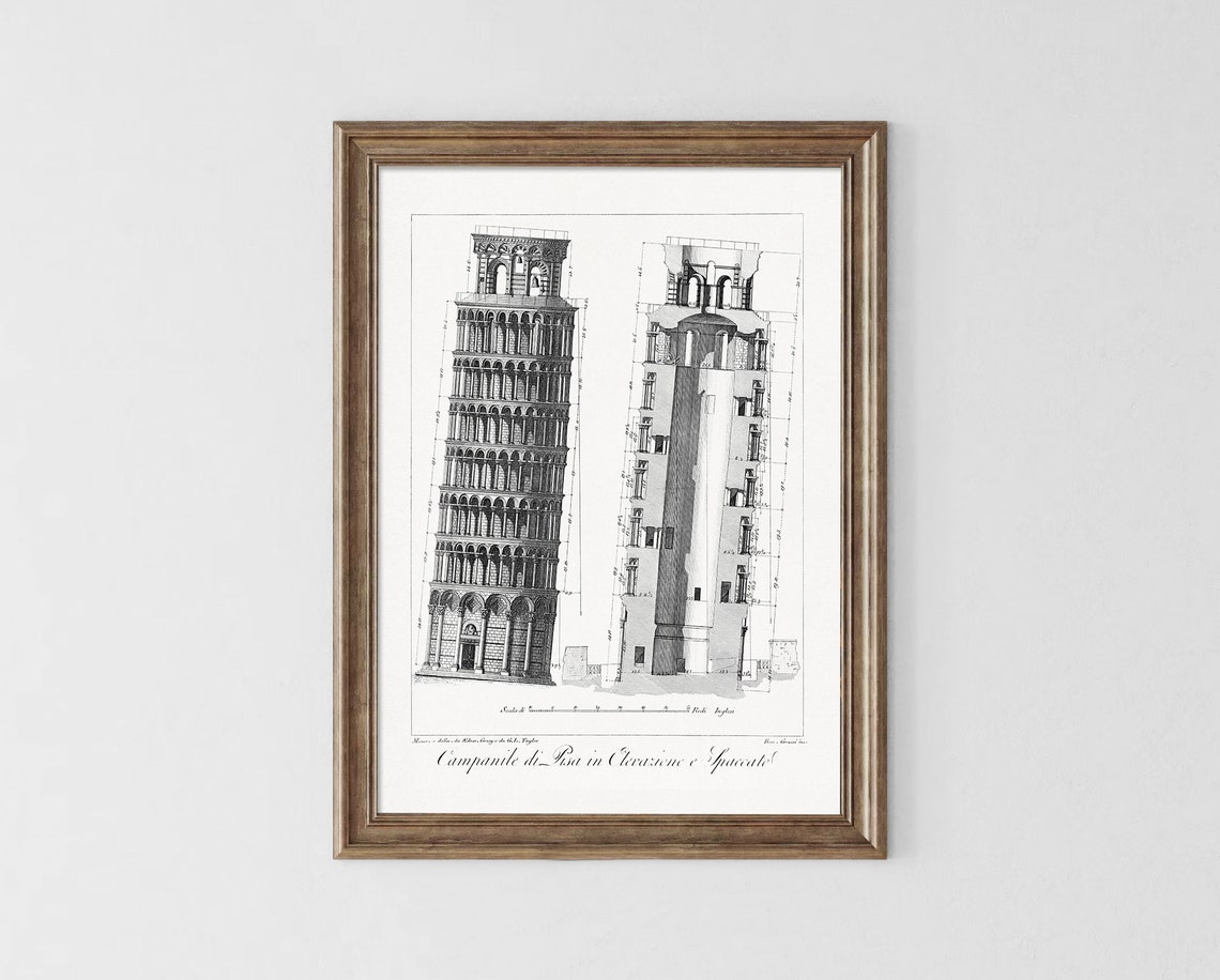Leaning Tower of Pisa Elevation Vintage Architecture Engraving Poster - Image 2