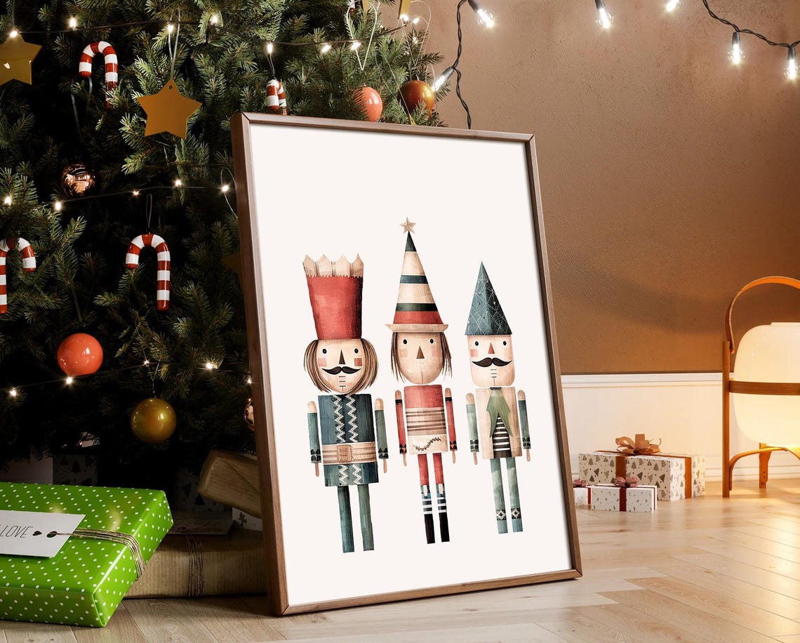 Trio of Watercolor Christmas Nutcrackers Scandinavian Poster - Image 4