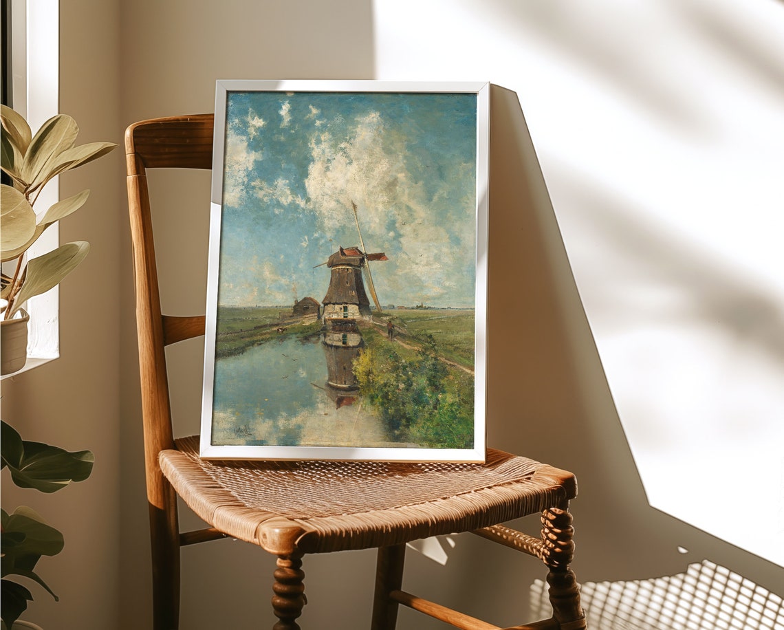 Old Windmill Reflected in Water Vintage Landscape Painting Poster - Image 2