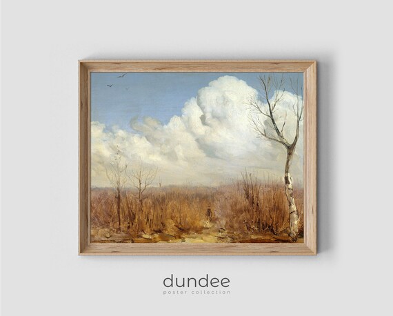 Cloudy Autumn Day Bare Trees Brown Field Vintage Landscape Poster