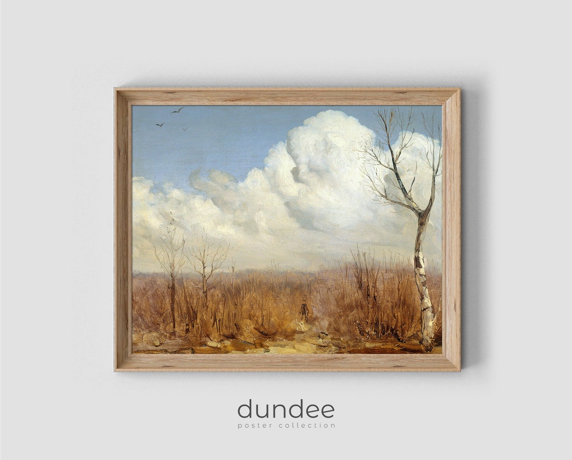 Cloudy Autumn Day Bare Trees Brown Field Vintage Landscape Poster