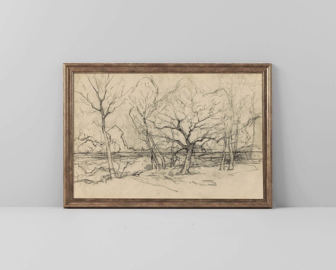 Bare Trees Pencil Sketch Black and White Vintage Landscape Poster - Image 2