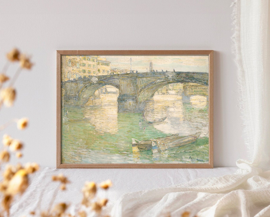 Impressionist Stone Bridge over River with Boats Painting Poster - Image 3