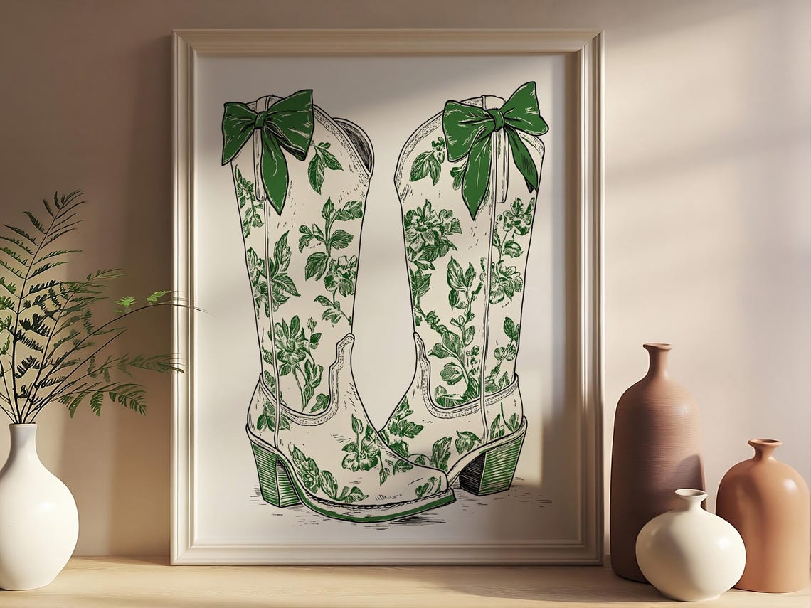 Teal Floral Pattern Cowgirl Boots With Bows Western Style Poster - Image 3