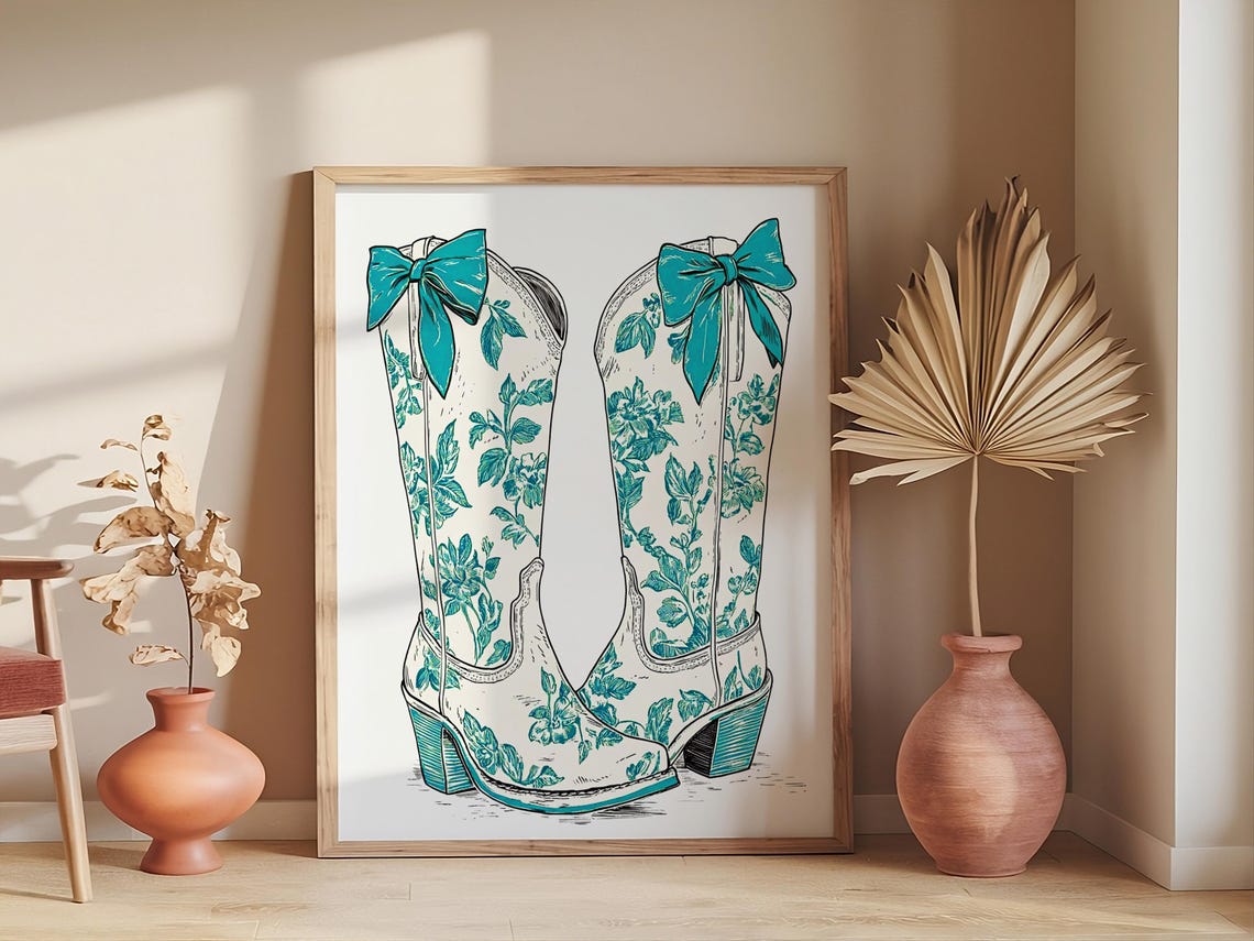 Teal Floral Pattern Cowgirl Boots With Bows Western Style Poster