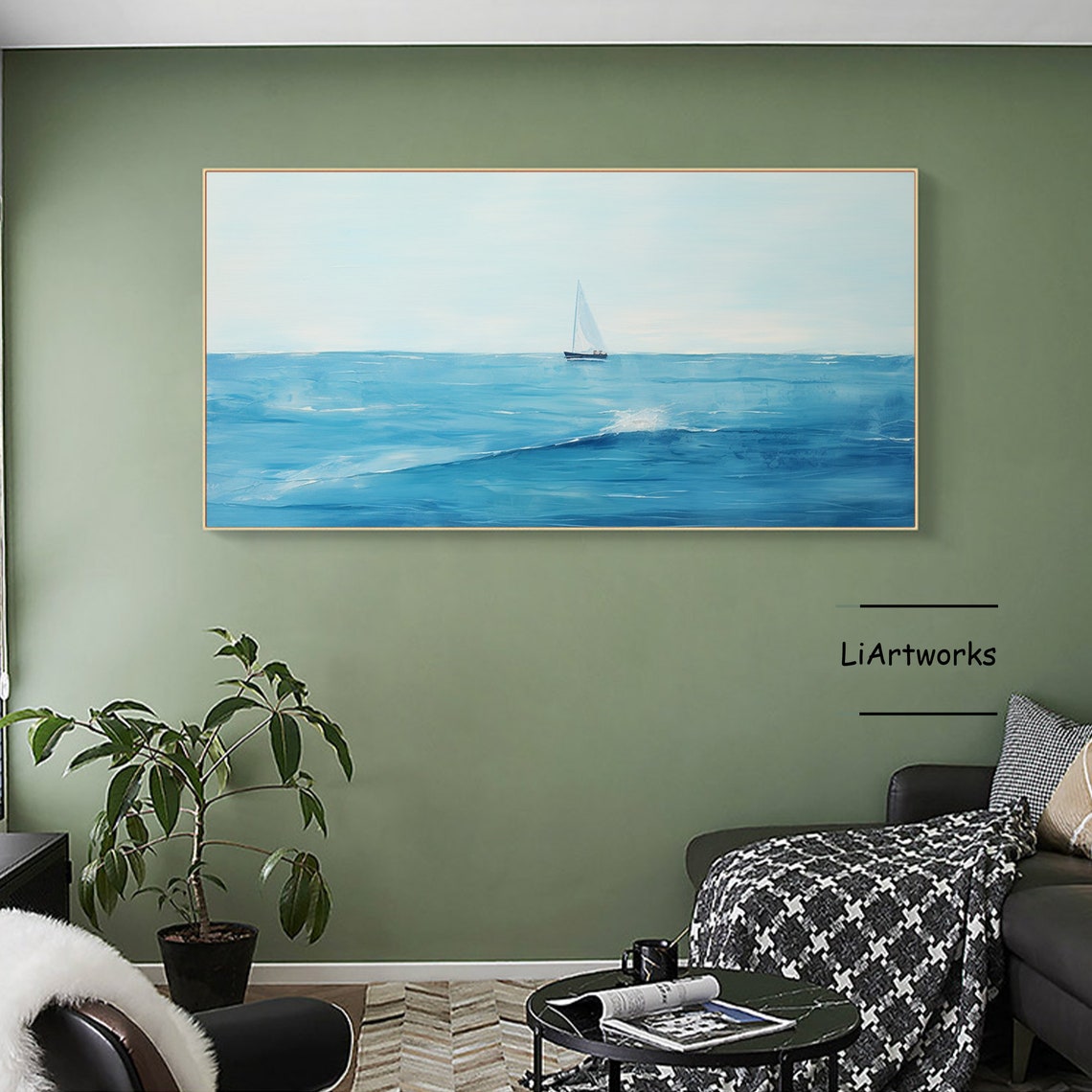 Minimalist Blue Ocean With Lone Sailboat Calm Seascape Poster - Image 4
